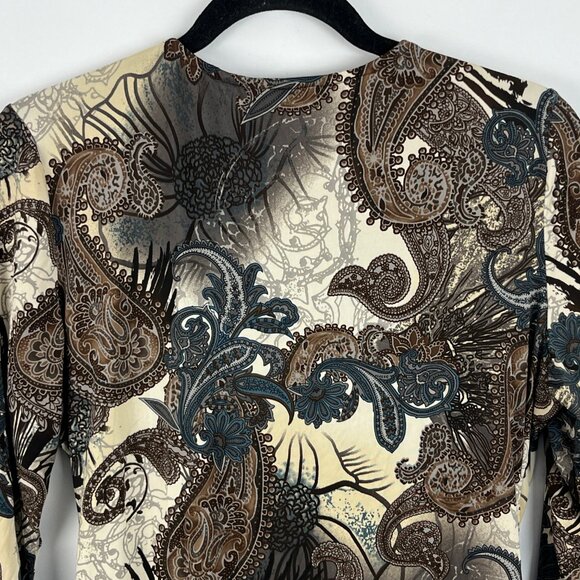 Conrad C Top Blouse Size L Brown Beige Paisley 3/4 Sleeve Round Neck Stretch - Picture 7 of 9
